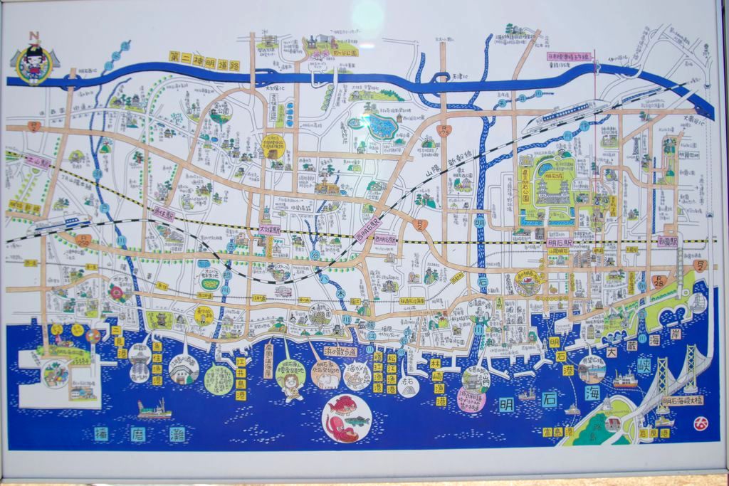 明石市観光案内板大蔵海岸の広域図は彫画家伊藤太一氏の絵。