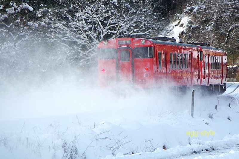 222D キハ41-2002/キハ41-2004 里山集落の横を雪煙を上げる 平地は速い